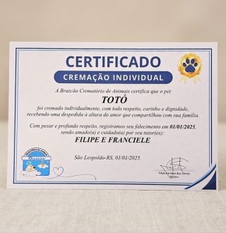 Certificado Cremação Pet