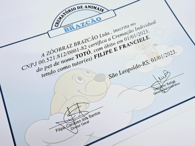 Certificado Cremação Pet