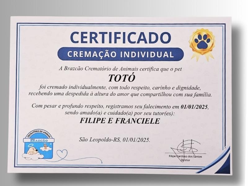 Certificado Cremação Pet